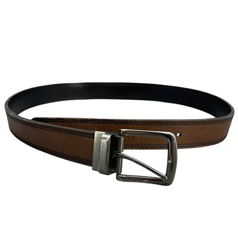Brown Genuine Leather Pewter SIlver Buckle Belt Men 38